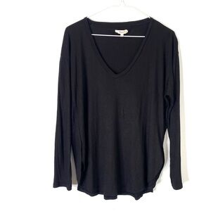 Madewell Black Relaxed V Neck Long Sleeve Tee Curved Hem Split Side Minimalist